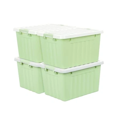 Image of Cetomo 15L*4 Storage Boxes with Lids, Plastic Bins Latching Buckles, Click Closure, Stackable, Nesting, Organizer for Home Office Clothes, Green, 15L 4 Pack