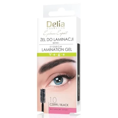 Image of Delia Cosmetics Eyebrow Expert Lamination Gel Black Vegan Formula Brow Shape Fixation Color Enhancement Biotin, Peptides, Glycerin 4ml