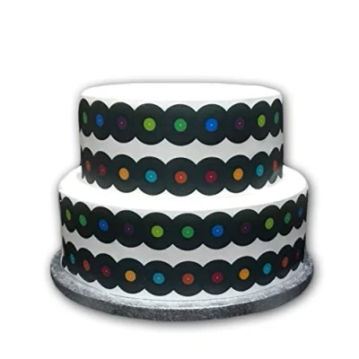 Image of Top That Edible Decor Sheet Vinyl Record Music Disc Themed Border Ribbon Perfect for Larger cakes Easy to Use