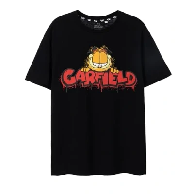 Image of Garfield Mens T Shirt in Black Urban Graffiti Short Sleeve Graphic Tee for Adults Spray Can Effect Streetwear Cartoon Top 90s Nostalgic Fashion Merchandise Gift Men