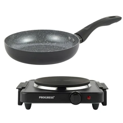 Image of Progress COMBO 9088 Electric Hotplate Set with 28 cm Ceramic PFAS Free Non Stick Frying Pan, Camping Stove, Table Top Cooker, Portable Kitchen Hob Carry Handles, Variable Heat Settings