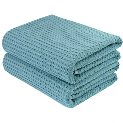 Image of POLYTE Microfibre Oversize Quick Dry Lint Free Bath Towel, 76 x 152 cm, Set of 2 (Green, Waffle Weave)
