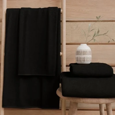 Image of PETTI Artigiani Italiani 100% Cotton Terry Bath Towels, 1+1 Towel Set, 2 Pieces 1 Face and Hand Towel, Black Towels