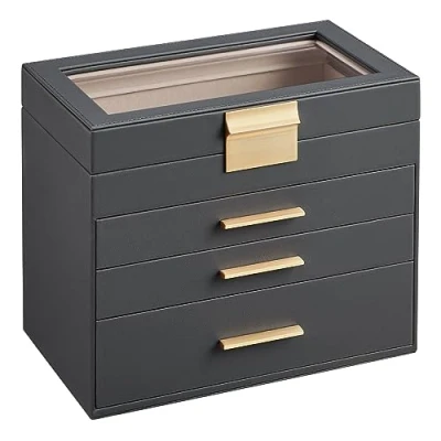 Image of SONGMICS Jewellery Box with Glass Lid, 4 Tier Organiser, 3 Drawers, for Sunglasses, Big Jewellery, Storage, Modern Style, Grey and Gold Colour JBC161C01