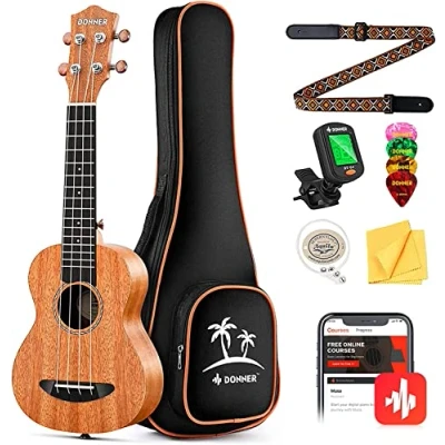 Image of Donner Soprano Ukulele Beginner Kit 21 inch Starter Mahogany Adult Hawaii Guitar Ukelele with Online Lesson (DUS 100)