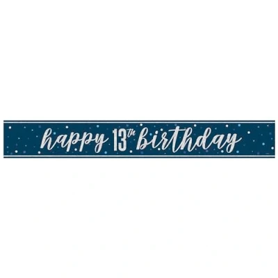 Image of Unique 82547 Foil Happy 13th Banner 2.74 m Glitz Blue Birthday Party 1 Count (Pack of 1), Multicolour
