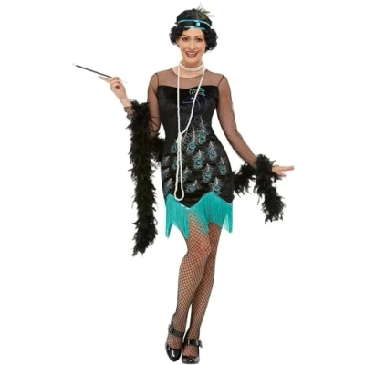 Image of Smiffys 20s Peacock Flapper Costume, Green &amp; Blue with Dress Headband, 1920&#039;s Razzle Fancy Dress, Adult Up Costumes