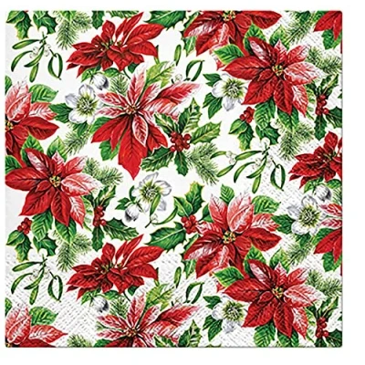 Image of 3Ply Christmas Serviettes Traditional Xmas Tissue Paper Napkins 33cm x Pack of 20 (Glory Poinsettia)