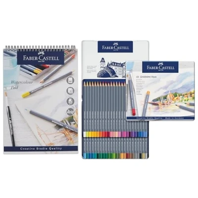 Image of Faber Castell Goldfaber Aqua, Watercolour Pencils, Tin Of 48 &amp; Pad, A4, Spiral Bound Paper, 190 GSM, 15 Sheets