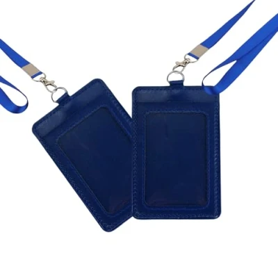 Image of 2 Pack Vertical PU Leather ID Badge Card Holder with Lanyard &amp; Slot, Clear Window Name Case for Access Card, Business Credit School Work ID, Tags (Blue)