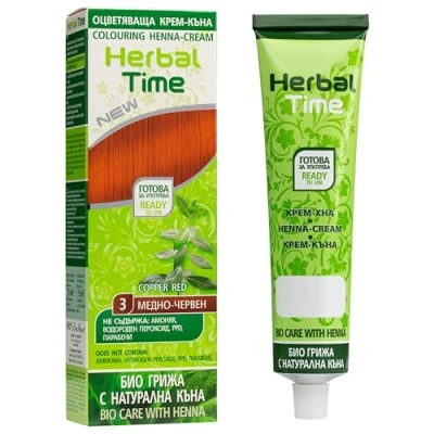 Image of Herbal Time Henna Natural Cream Color Coppery Red Nº 3 Coloring with Nettle Extract Gray Hair Cover Temporary Dye Ammonia Free, Sulfates Parabens Free 75 ml