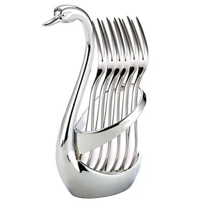 Image of Fruit Forks, Flatware Set Stainless Steel Swan Base Dinnerware for 7 1 Cygnus Storage Shelf with 6 Forks Cake Salad Cocktail Dessert Marshmallow Small Forks,Table Forks,Pastry