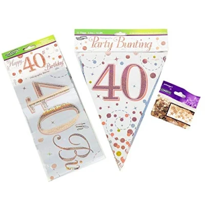 Image of 40th Birthday Decoration Kit Age 40 Decorations Banner Bunting Confetti Rose Gold FANCYDRESSCOZ FDC Him Her Men Women
