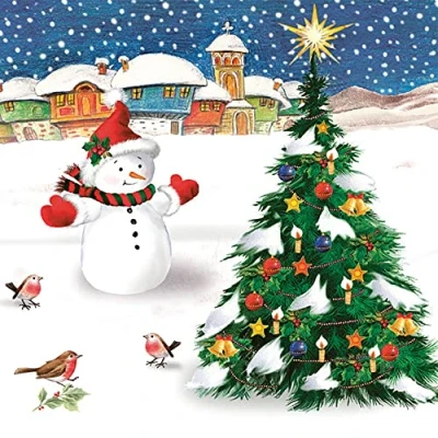 Image of DAISY 3 Ply Children Theme Xmas Decoupage Tissue Paper Napkins Decorative Christmas Serviettes 33cm x Pack of 20 (Snowman with Tree)