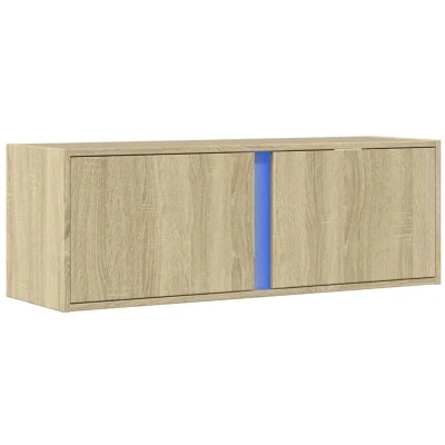 Image of vidaXL TV Wall Cabinet with LED Lights Sonoma Oak Floating Entertainment Center for Living Room, 100x31x35 cm, Ample Storage, Space Saving