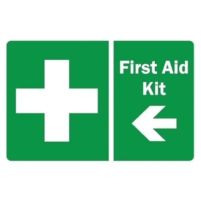 Image of First aid kit left arrow safety sign Self adhesive sticker (200mm x 150mm)