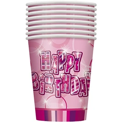 Image of 9oz Glitz Pink Birthday Paper Cups, Pack of 8