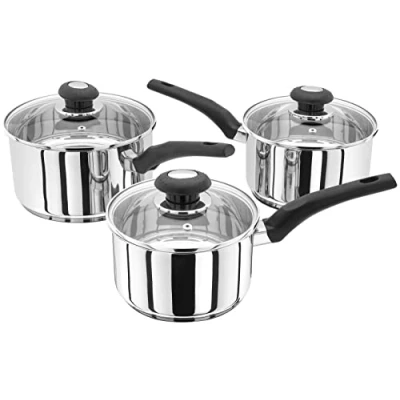 Image of Judge Essentials HPA1 Stainless Steel Set of Pans, 3 Piece Set, 16cm, 18cm &amp; 20cm Saucepans, Vented Glass Lids, Induction Ready, 10 Year Guarantee