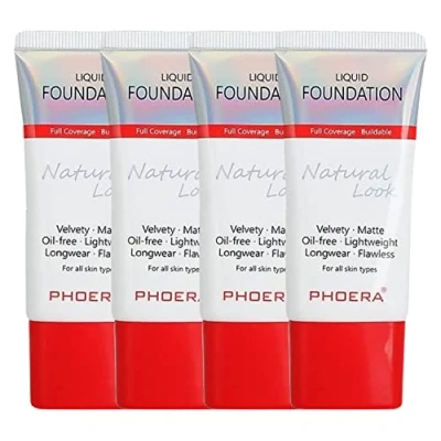 Image of Glamza Phoera Foundation Full Coverage Makeup Set 24hr Long Lasting Oil Control Same Smarter Packaging Inc x4 30ml &amp; Silicone Blender Sponge (102 Nude)