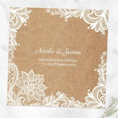 Image of Dotty about Paper Rustic Lace Pattern Personalised Wedding Invitations Pack of 10