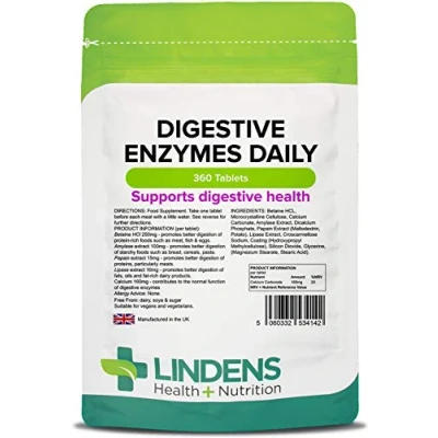 Image of Lindens Digestive Enzymes Daily, 360 Tablets for Healthy Digestion, Enzyme Blend with Betaine Hcl, Papain, Amylase, Lipase &amp; Calcium UK Made (90 Pack x4)