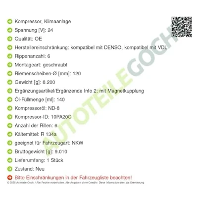 Image of 30041819 AC Compressor DENSO DCP99023 10PA20C 24V PAG 46 R134a with magnetic clutch