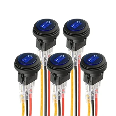 Image of HUAREW Blue LED Illuminated Round Switch, KCD1 8, Waterproof Rocker 12V 20A Marine and Various 3 Pin Lights, with Wire Switch (5pcs)