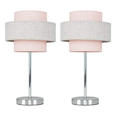 Image of Pair of Modern Polished Chrome Touch Bedside Table Lamps with a Pink &amp; Grey Herringbone Shade