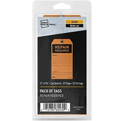 Image of Avery Preprinted Repair Required Tags with String, 5.75&quot; x 3&quot;, Orange Tags, 25 Write On Hang (62430)