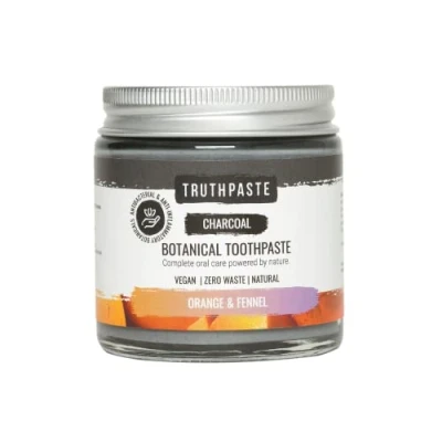 Image of TRUTHPASTE Charcoal whitening Natural Zero Waste Toothpaste (Orange &amp; Fennel 100ml) Eco Friendly Plastic Free, Mint Free with Coconut Aloe Vera. Fluoride SLS Free. for Sensitive Teeth