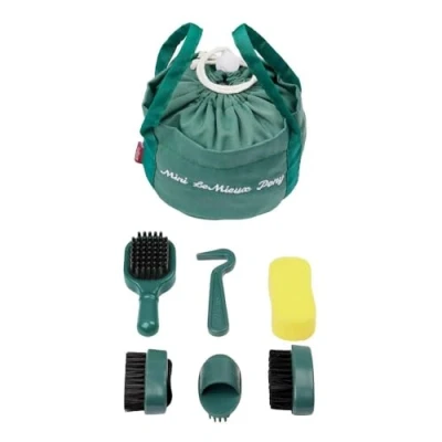Image of LeMieux Toy Pony Grooming Kit Sage Includes Brushes, Curry Comb, Sponge, Tangle Tidy &amp; Hoof Pick Store in Mini Drawstring Bag Suitable for Ages 3+