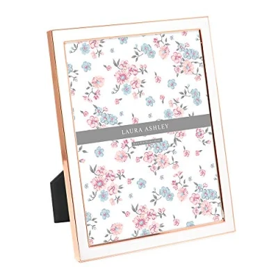 Image of Laura Ashley 8x10 White Enamel Picture Frame, Rose Gold Metal Edge with Easel, for Countertop, Counterspace, Tabletop Display, Bookshelf, Desk, Wall Décor, Photo Gallery