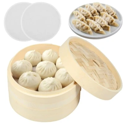 Image of Bamboo Steamer Basket, 2 Tier Steaming Basket with Lid and Cloth,Reusable Dumpling Practical for Veggie Fish Seafood Home Cooking(20cm)