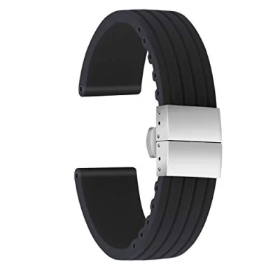 Image of ULLCHRO Silicone Watch Strap Replacement Rubber Band Waterproof Stripe Pattern 16mm, 18mm, 20mm, 22mm, 24mm Bracelet with Stainless Steel Deployment Buckle (18mm, Black)