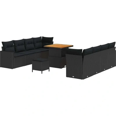 Image of vidaXL 11 Piece Garden Sofa Set with Cushions Black Poly Rattan Acacia