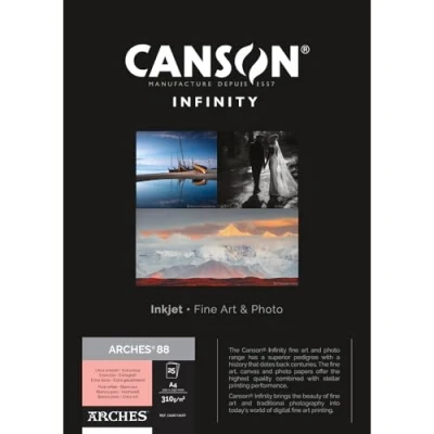 Image of Canson Infinity Arches 88 Ultra Smooth Pure White Matt Inkjet Photo Paper, 310gsm, 21 x 29.7 cm, 25 Sheets, Acid Free, Ideal for Professional Photographers