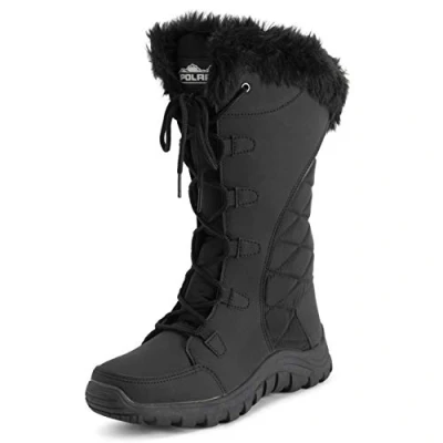 Image of Polar Womens Quilted Faux Fur Cuff Winter Duck Rubber Sole Durable Snow Rain Outdoor Boots Black Nylon Tall UK9/EU42 YC0657