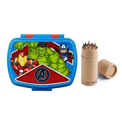 Image of OM SUPPLIES Marvel Avengers Sandwich Lunch Snack Box Kids Children School Includes Half Size 12pcs Pencil Set (Avengers)