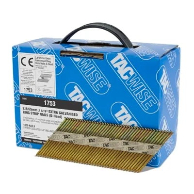 Image of TACWISE 1753 Extra Galvanised Framing Nails 2.8/65 mm, D Head, Ring Shank, 34 Inclined, Paper Collated, Pack of 1600, Silver