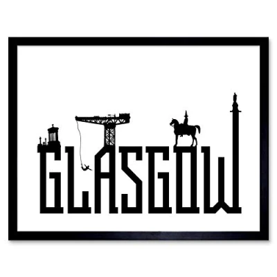 Image of Wee Blue Coo Glasgow City Scotland Landmarks Typography Silhouettes Art Print Framed Poster Wall Decor 12X16 Inch