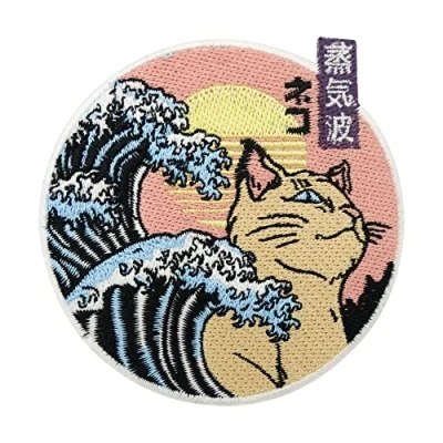 Image of Sun, Wave &amp; Cat Iron on Patch Embroidery Patch, Asian ironable Water Patches, Japan Sun Badges Finally Home