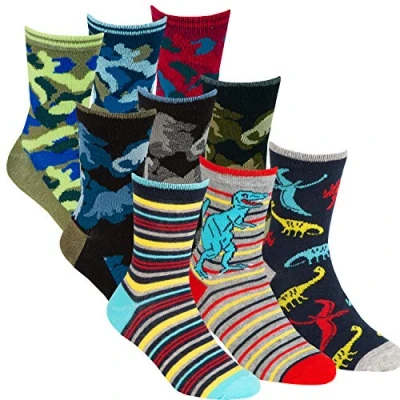 Image of Metzuyan Boys Novelty Cotton Rich Socks 9 Pairs Funky Characters Camo Camouflage Red Grey Dinosaur Dino 6 8.5