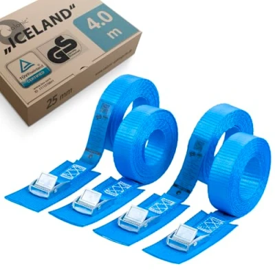 Image of valonic ICELAND tie down straps 4 pack, 4m, TÜV Rheinl. / GS certified, EN 12195 2, 250Kg, protection pad, cam buckle for roof and bike rack, kayak, motorcycle black