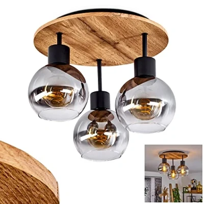 Image of Ceiling Light Vouhet, lamp Made of Metal/MDF/Glass in Black/Wood Optics/Smoke Colours, 3 Flame, E27 Socket, Modern Design Light, Without Bulbs