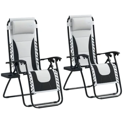 Image of Outsunny Zero Gravity Lounger Chair Set of 2, Folding Reclining Patio with Padded Seat, Cup Holder, Soft Cushion and Headrest for Poolside, Camping, Grey