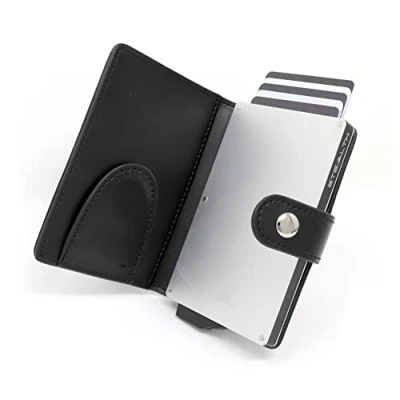 Image of Stealth Wallet RFID Card Holder Smart Minimalist Pop Up Wallets with Gift Box Slim Lightweight Metal Credit Holders for Men (Silver Aluminium, Black Leather, Money Clip)