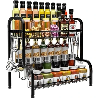 Image of CHARMDI Black Spice Rack Organiser, 2 Tier Spices Organizers and Storage Racks, Racks Free Standing for kitchen Countertop Organizer