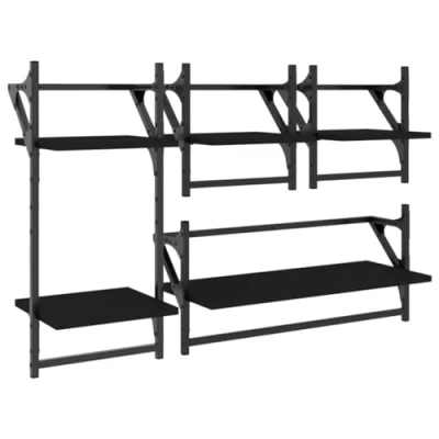 Image of vidaXL Black Engineered Wood 4 Piece Wall Shelf Set Modern Floating Shelves with Bars for Organized Display and Storage in Lounge, Living Room, Office