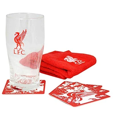 Image of L.F.C Official Liverpool Football Crest Pint Glass Mini Bar Set (Pint Glass, Coasters &amp; Towel)