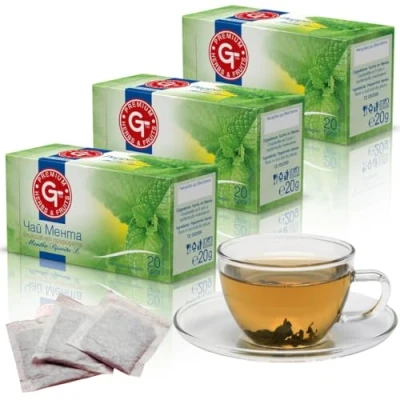 Image of Premium GT Peppermint Tea Bags Count 60 non GMO 100% Pure Herbal Bag Minty Fresh &amp; Cool flavor Mint Round Eco conscious Herbs Fruits